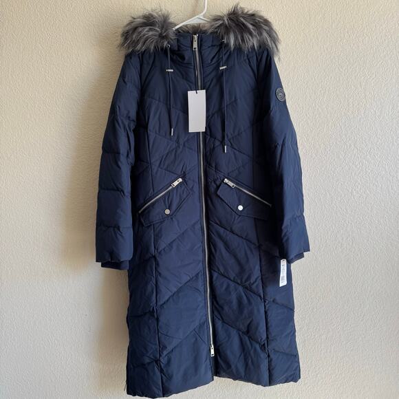 NWT Andrew Marc Phoebe Down-Filled Faux Fur Trim Zip Front Long Coat Blue Size S - Picture 5 of 16